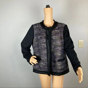 Chico's Open Front Blazer Jacket Size 2 (Large) Metallic gold accents, Fringe.